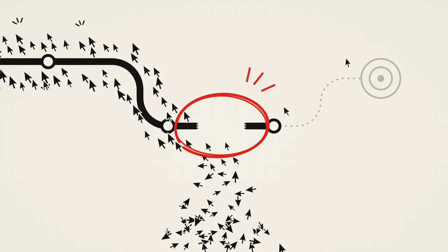 A crowd of mouse cursors travels along a route towards a customer, drops through a gap circled in red and piles up below it