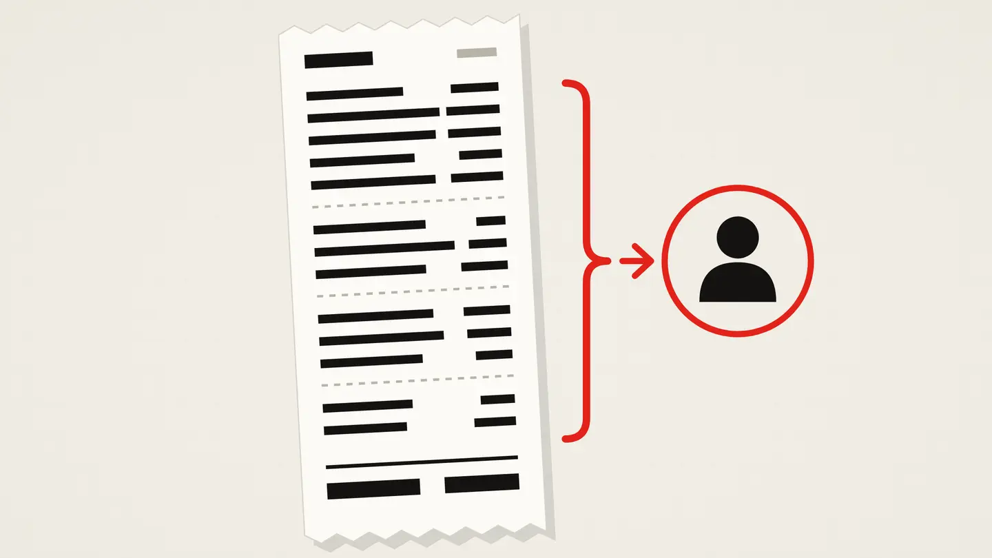 A paper receipt with line items of different lengths; a red bracket gathers every line into one small figure of a customer