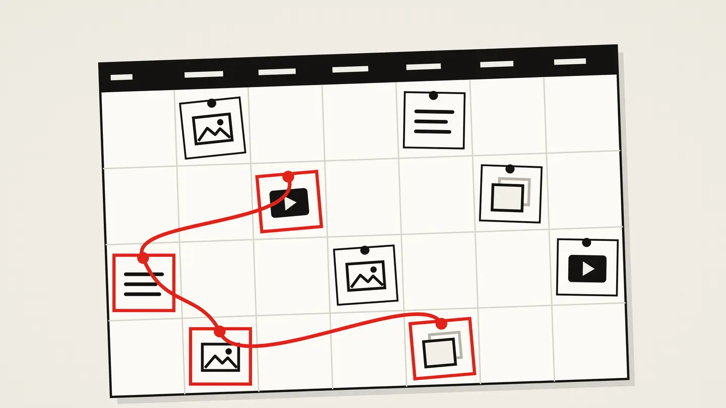 A paper calendar grid with idea cards pinned to some days; a red thread links four of the cards into one storyline